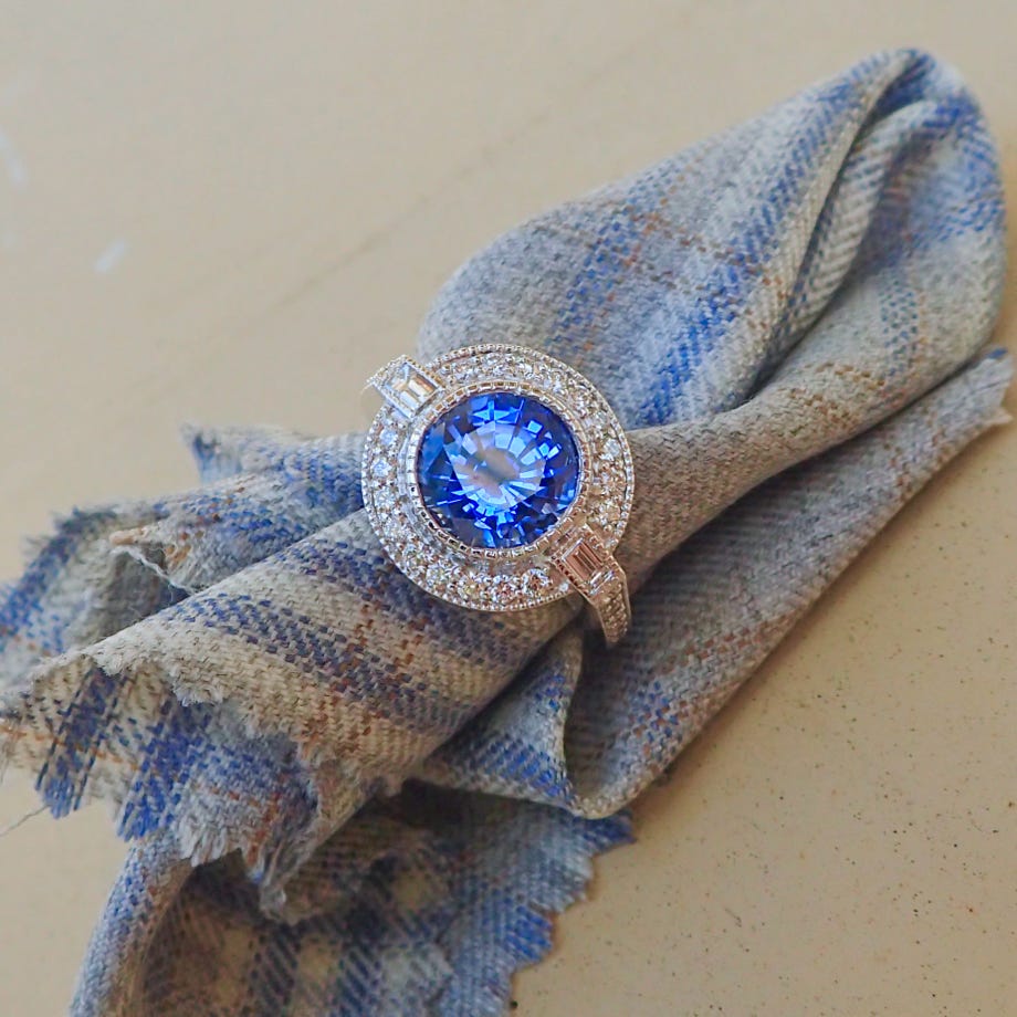 Round Sapphire Ring with Baguette Diamonds